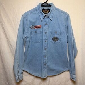 Women's Harley Davidson Denim Shirt Medium Motorcycle Button Up Daytona